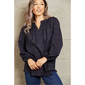 Long Sleeve Stitch Blouse Notched Solid Casual Lightweight Cotton Dark Navy